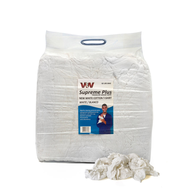 Wiping World White Knit T-Shirt 100% Cotton Cleaning Rags 10 lbs. Bag - Multipurpose Cleaning
