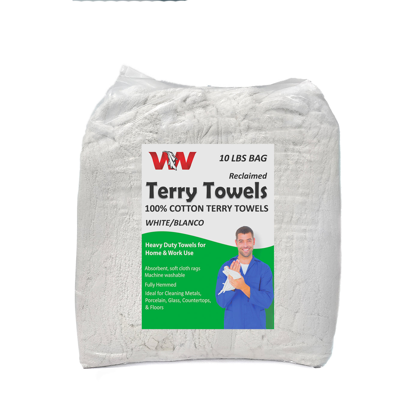 Affordable Wipers White Terry Towel 100% Cotton Cleaning Rags - 10 lbs. Bags - Multipurpose Cleaning