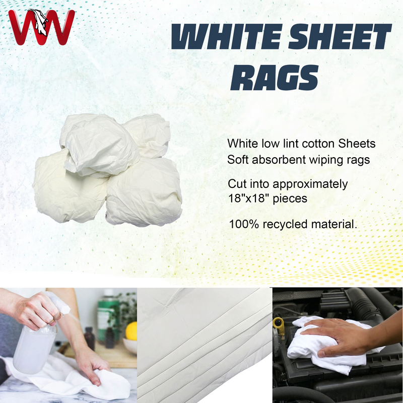 White Cotton Recycled Sheeting Rags Wiping Rags - 10 lbs. Box - Multipurpose Cleaning